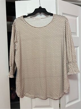 Fantaslook Knit Patterned Scoop Neck Top - Cream & Brown size 2xl